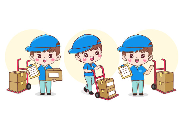 卡通人物快递员。快递员穿着制服，手持报告纸，纸板箱装在卡车上。平面插图孤立矢量设计图片下载