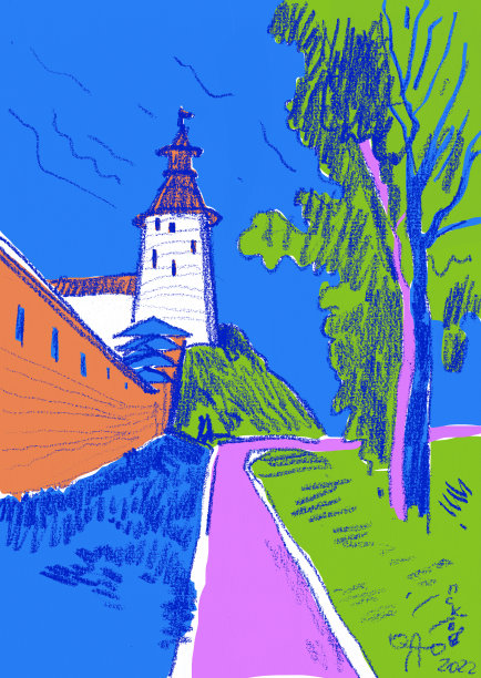 古老的城堡与石墙在蓝天的背景。堡垒图，城堡小镇图。图片下载