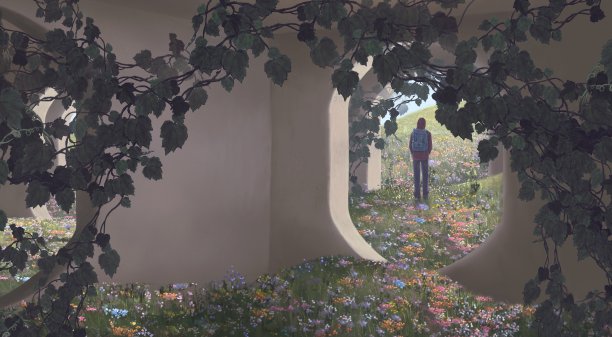 一个人独自在花田的房间里。方式，变化，旅行，孤独，和夏天的概念艺术，概念绘画。3 d演示。超现实主义的艺术作品。图片下载