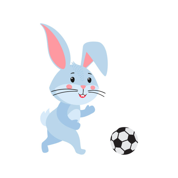 可爱的卡通兔子或野兔。兔子在踢足球。印在儿童t恤，贺卡，海报上。手绘矢量插图孤立在白色背景上图片下载