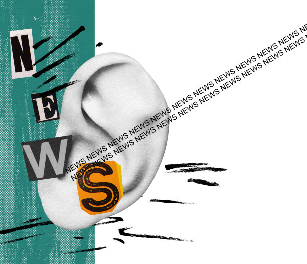 当代艺术拼贴。摘要新闻与人耳，信息传播。大众媒体，社交网络。信息、新闻、传播概念。图片下载