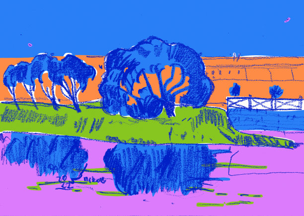 环保的概念。手绘插画美丽的公园景观，河流，树木，小桥。图片下载