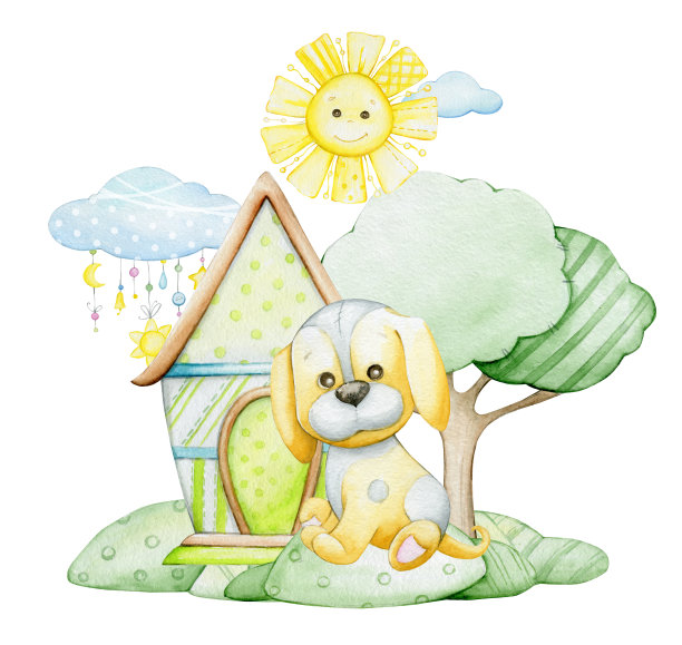 可爱的小狗，房子，树，太阳。水彩剪贴画，在卡通风格，在一个孤立的背景。图片下载