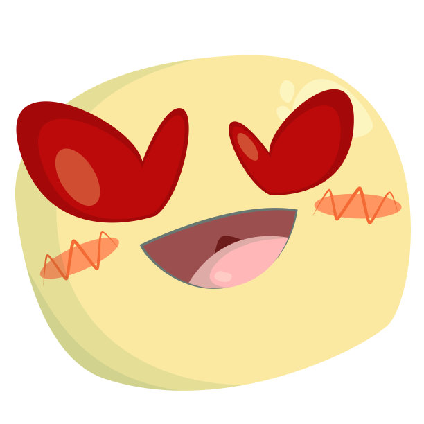 黄色表情符号的插画，在白色的背景上，有一个幸福的手势，旁边是红色的脸颊和心脏图片下载