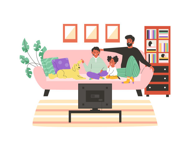 父亲、孩子和狗在家里看电视图片下载