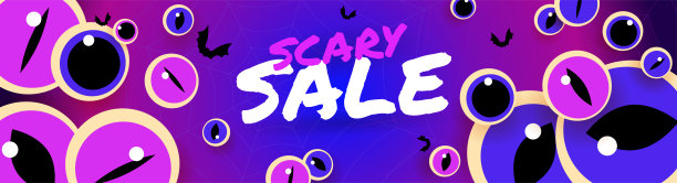 可怕的万圣节横幅。插图与浮动的五颜六色的怪物眼睛不同的瞳孔在明亮的背景与可怕的销售文字。为网站，邮寄或广告模板。图片下载