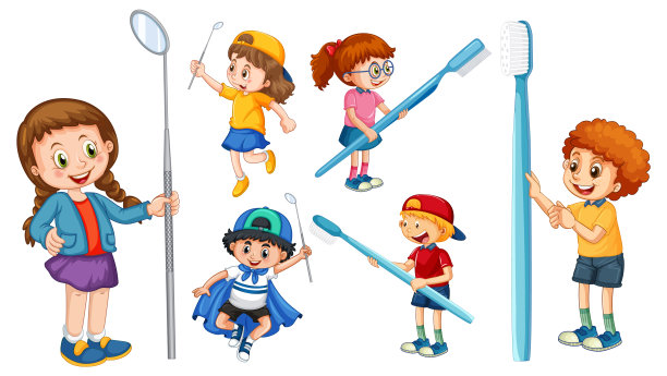 一套快乐的孩子持有牙刷和牙科镜子在白色背景图片下载