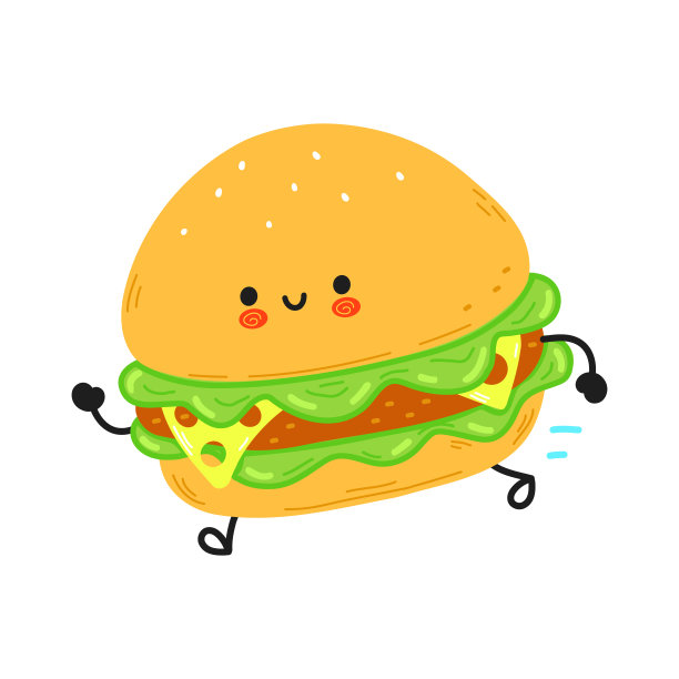 可爱有趣的跑步汉堡。矢量手绘卡通卡哇伊人物插图图标。孤立在白色背景。运行汉堡概念图片下载