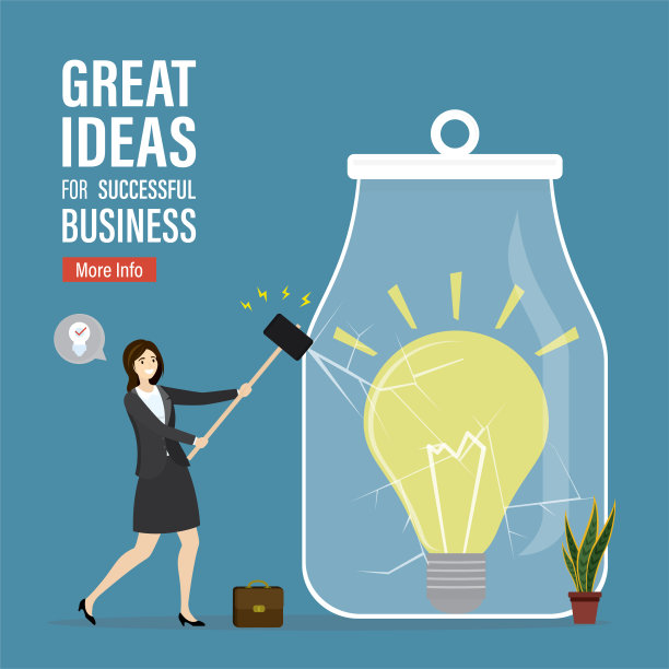 成功商业的好主意。女商人用大锤子敲碎玻璃罐。在封闭的罐子里发光的灯泡。新思路搜索，登陆页面。创业发展。图片下载