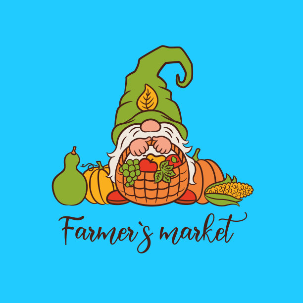 秋季农民市场标志与侏儒感恩节矢量插图。图片下载