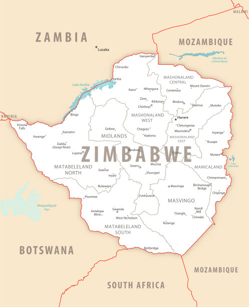 津巴布韦详细地图上有该国的地区和城市。图片下载