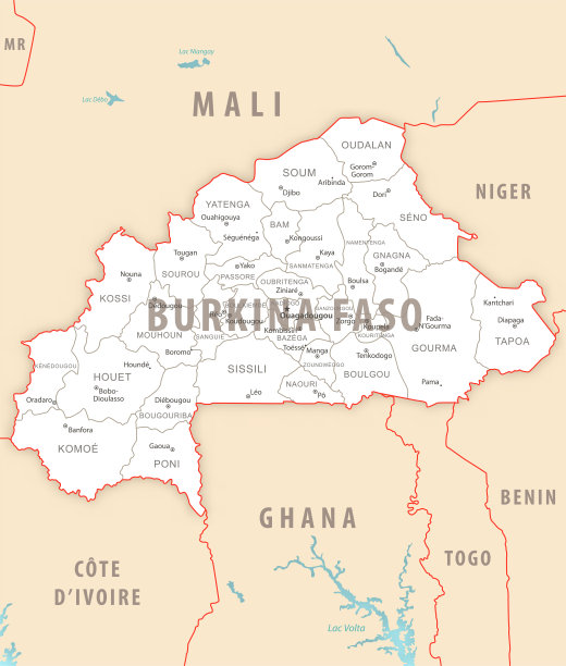 布基纳法索的详细地图上有该国的地区和城市。图片下载