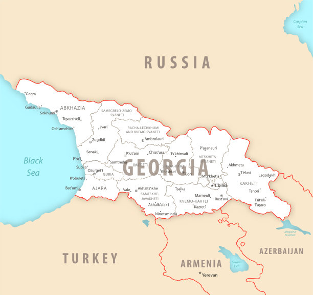 格鲁吉亚的详细地图上有该国的地区和城市。图片下载
