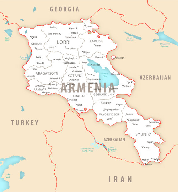 亚美尼亚地区和城市的详细地图。图片下载
