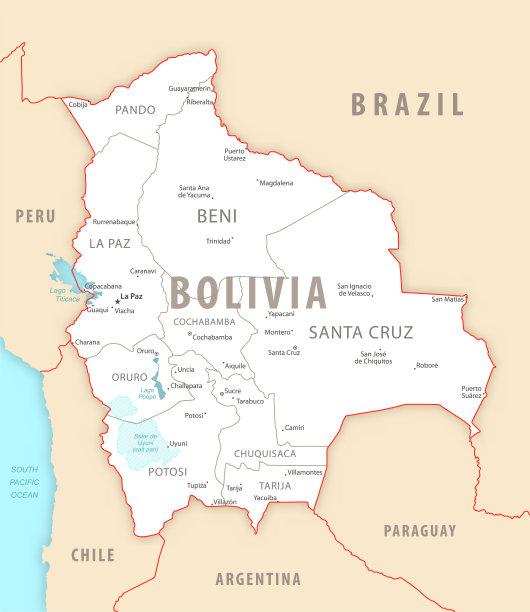 玻利维亚详细地图与地区和城市的国家。图片下载