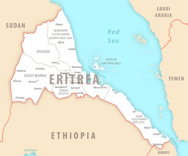 厄立特里亚地区和城市的详细地图。图片下载