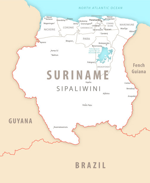 苏里南地区和城市详细地图。图片下载