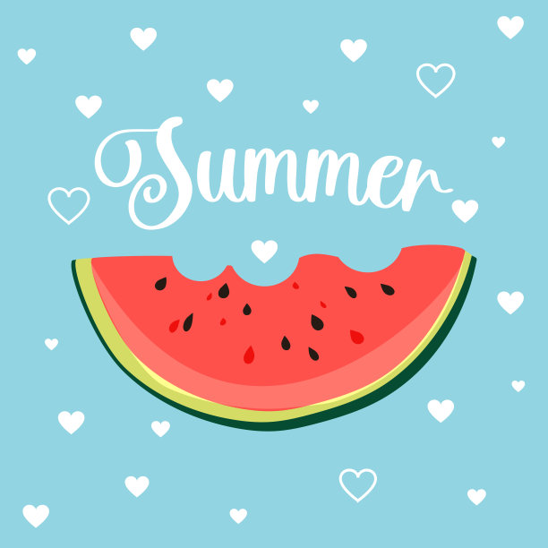 一块多汁的红色西瓜，蓝色的背景，白色的心和短语夏天。夏天的氛围。向量。图片下载