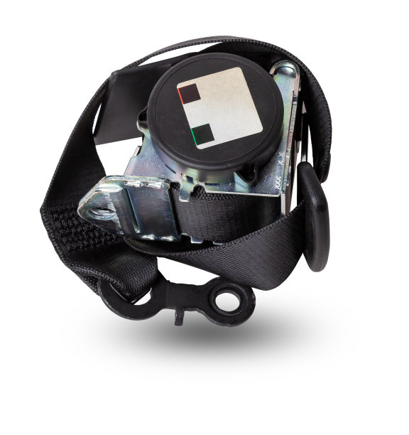 白色隔离背景上的黑色汽车安全带。汽车服务中用于出售或更换的设备图片下载