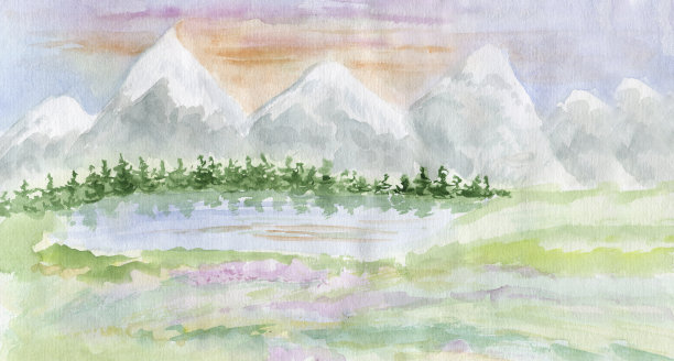 有山、湖、草地的水彩景观。图片下载