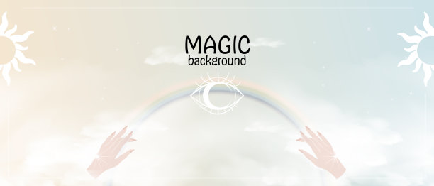 神秘神奇的占星背景模板。淡淡的阳光梯度天空和云彩，女人的双手创造彩虹。深奥、灵性的概念图片下载