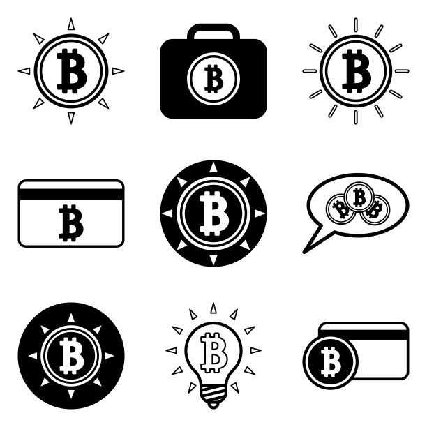 白色背景上孤立的比特币扁平图标集图片下载