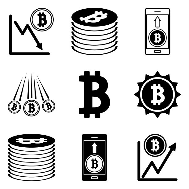 白色背景上孤立的比特币扁平图标集图片下载