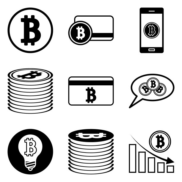 白色背景上孤立的比特币扁平图标集图片下载
