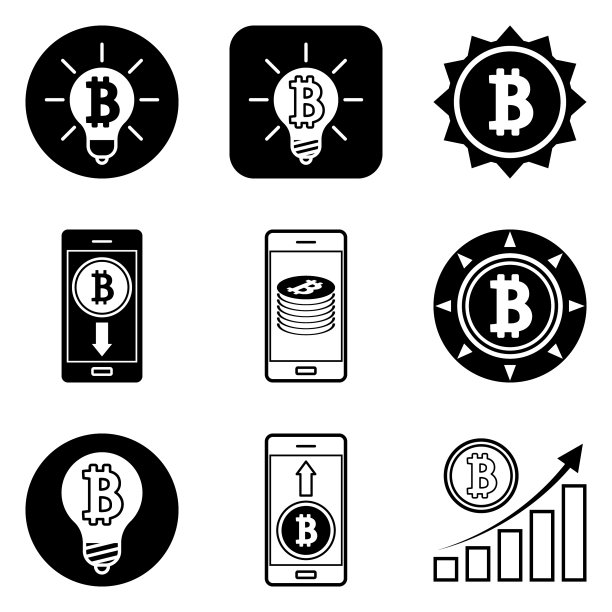 白色背景上孤立的比特币扁平图标集图片下载