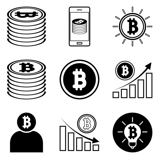 白色背景上孤立的比特币扁平图标集图片下载