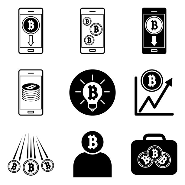 白色背景上孤立的比特币扁平图标集图片下载