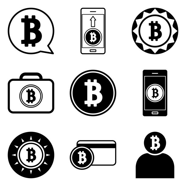 白色背景上孤立的比特币扁平图标集图片下载