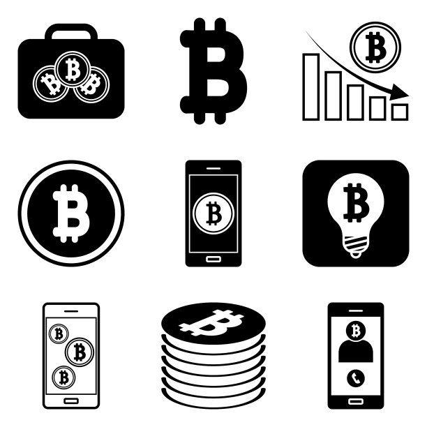 白色背景上孤立的比特币扁平图标集图片下载