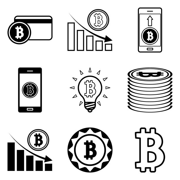白色背景上孤立的比特币扁平图标集图片下载