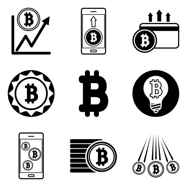 白色背景上孤立的比特币扁平图标集图片下载