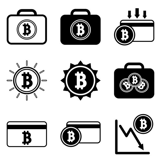 白色背景上孤立的比特币扁平图标集图片下载
