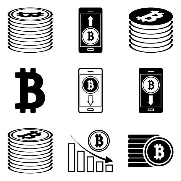 白色背景上孤立的比特币扁平图标集图片下载