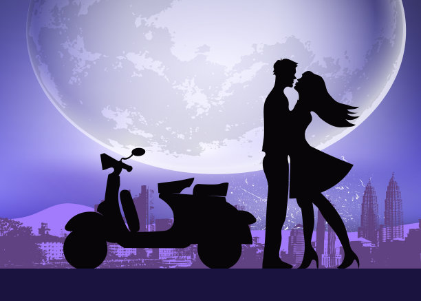 恋人在月光下亲吻的剪影图片下载