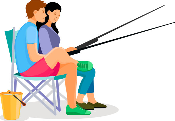 一对夫妇在湖边的椅子上用鱼竿钓鱼图片下载