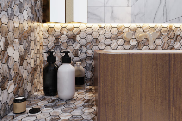 酒店角落的现代浴室与灰色和棕色瓷砖墙。水疗用品和镜子。阁楼风格。三维渲染图片下载