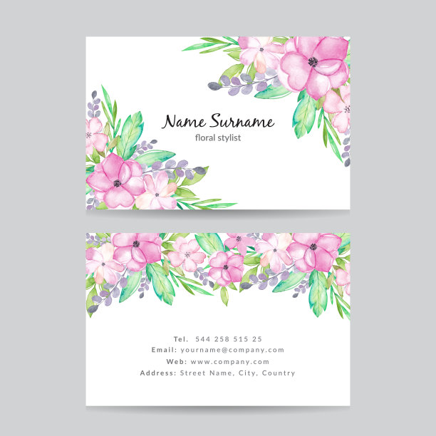 水彩花卉名片。印有美丽花朵的名片。模板图片下载