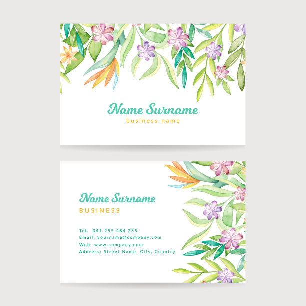 水彩花卉名片。印有美丽花朵的名片。模板图片下载