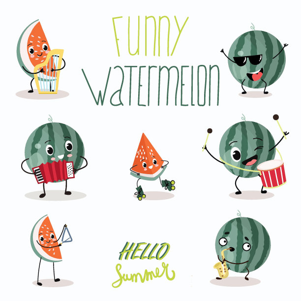 西瓜整个和西瓜片可爱有趣的人物不同的姿势和情绪，与矢量插图的音乐，设置。健康食品,维生素。儿童的概念。图片下载