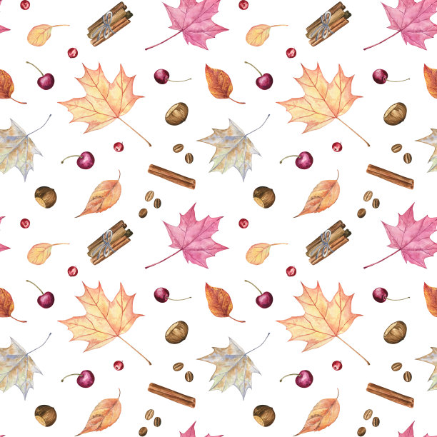 秋天的图案枫叶，肉桂，栗子，浆果和咖啡豆图片下载