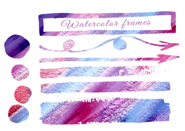 水彩箭头写意画。设置粉色，红色，蓝色，紫色箭头，框架，元素。信息图表、目录的背景。图片下载