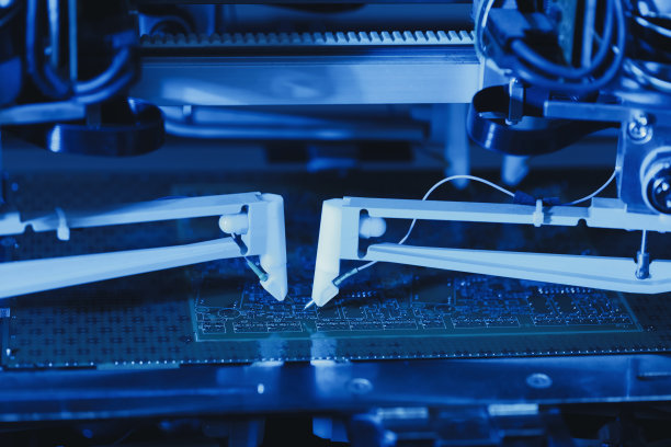 微电路的生产和测试。检查芯片是否损坏。测试微电路的现代方法。自动化技术、工业、机器人、电子、生产、制造概念。图片下载