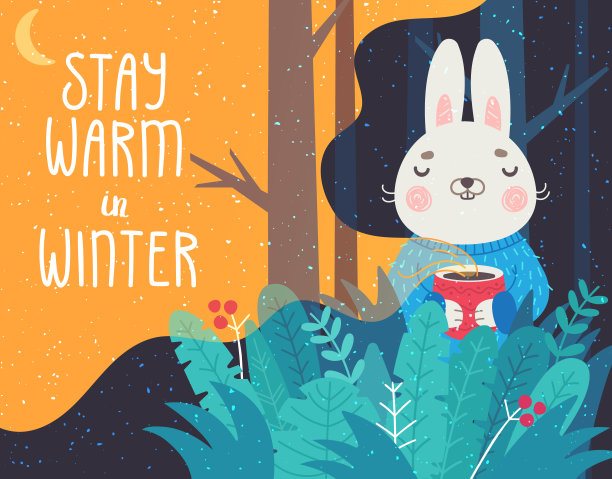 有可爱兔子的贺卡。在冬天的森林里，晚上带着杯子的兔子图片下载