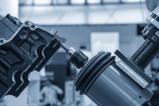 汽车零部件的精加工是由铣削主轴附着在机器人手臂上完成的。图片下载