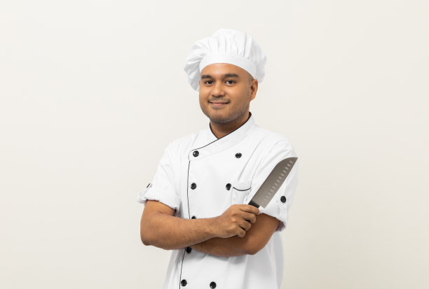 搞笑亚洲男厨师拿着厨师刀在孤立的白色背景上的各种手势动作。厨师职业厨师或面包师在厨房、餐厅和酒店工作的人。图片下载