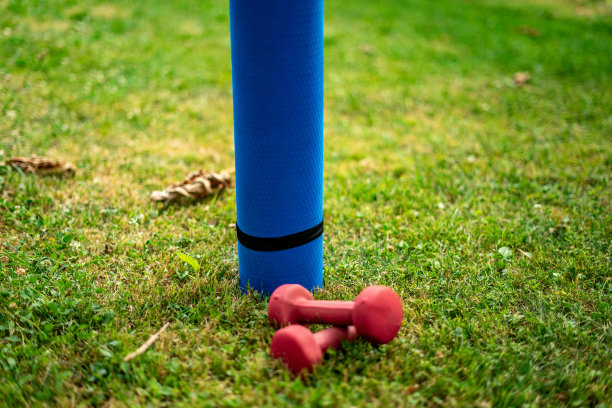 蓝色运动垫与重量新鲜的绿色草地户外，特写股票照片图片下载